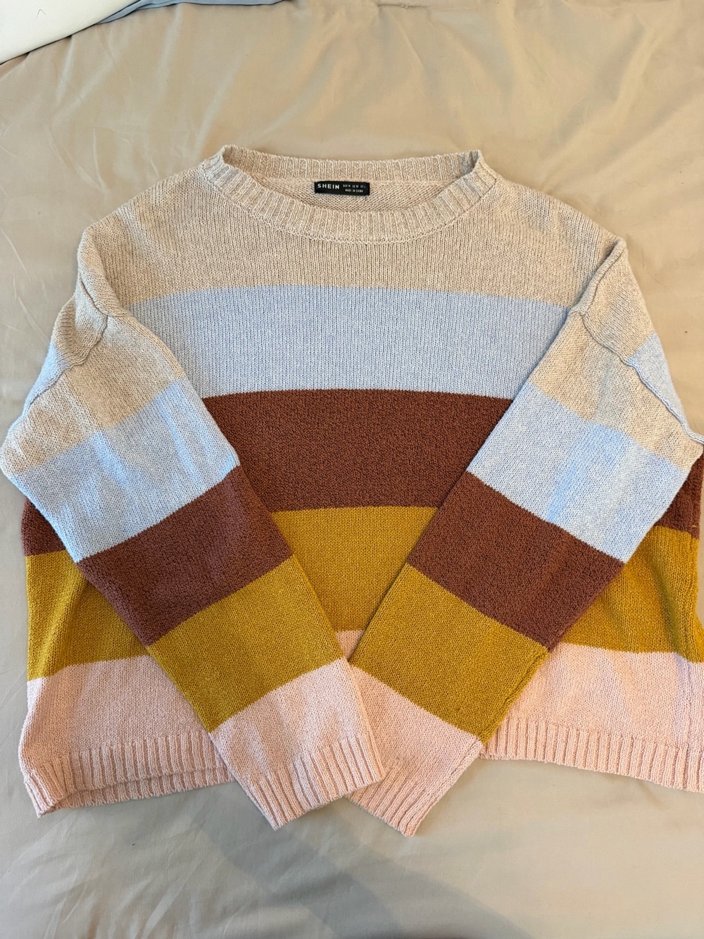 SHEIN Pastel & Mustard Striped Crewneck Sweater